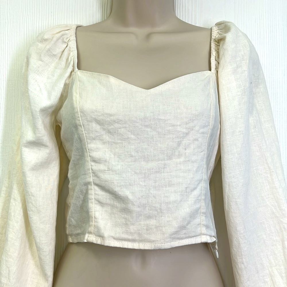 Forever 21 - Ivory Linen Blend Puffed Sleeve Heart Neckline Crop Size Medium - Picture 3 of 11